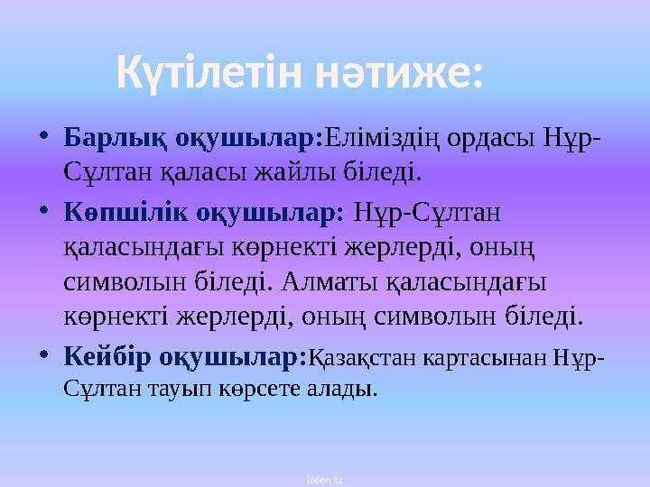 • Барлық оқушылар: Еліміздің ордасы Нұр- Сұлтан қаласы жайлы біледі. • Көпшілік оқушылар: Нұр-Сұлтан қаласындағы көрнекті жерл