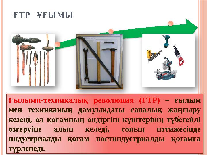 ҒТР ҰҒЫМЫ Ғылыми-техникалық революция (ҒТР) – ғылым мен техниканың дамуындағы сапалық жаңғыру кезеңі, ол қоғамның