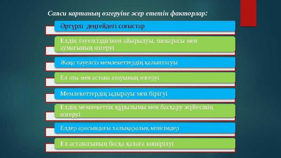 Саяси картаның өзгеруіне әсер ететін факторлар : Әртүрлі деңгейдегі соғыстар Елдің тәуелсіздігінен айырылуы, шекарасы мен аума