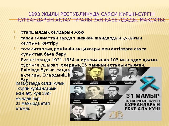 1993 ЖЫЛЫ РЕСПУБЛИКАДА САЯСИ ҚУҒЫН-СҮРГІН ҚҰРБАНДАРЫН АҚТАУ ТУРАЛЫ ЗАҢ ҚАБЫЛДАДЫ. МАҚСАТЫ:  отаршылдық салдарын жою  саяси зұ