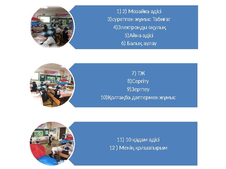 1) 2) Мозайка әдісі 3)суретпен жұмыс Табиғат 4)Электронды оқулық 5)Айна әдісі 6) Балық аулау 7) ТЖ 8)Сергіту 9)Зерттеу 10