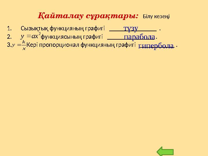 Қайталау сұрақтары: Білу кезеңі 1. Сызықтық функцияның графигі _______________ . 2. функциясының графигі _