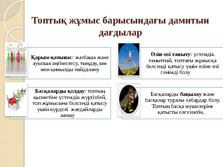 Топтық жұмыс барысындағы дамитын дағдылар Қарым-қатынас : жазбаша және ауызша әңгімелесу, тыңдау, ым мен қимылды пайдалану Өз