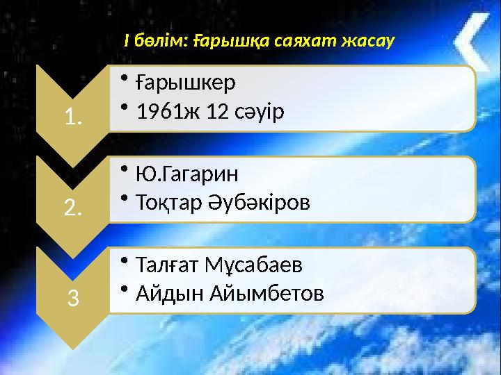 Ғарышкер 1961 жыл 12 сәуір Юрий Гагарин Тоқтар ӘубәкіровТалғат Мұсабаев Айдын Айымбетов1. • Ғарышкер • 1961ж 12 сәуір 2. •