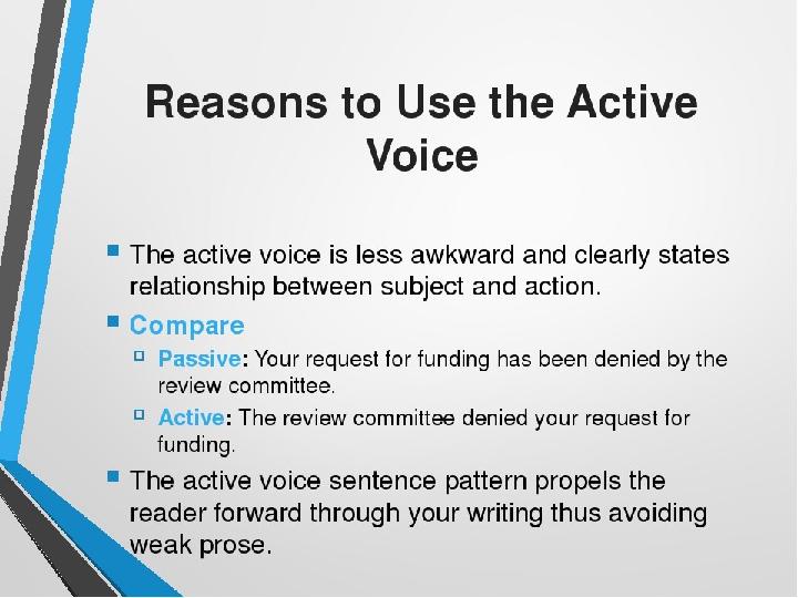 Reasons to Use the Active Voice The active voice is less awkward and clearly... Слайд 8 из 17