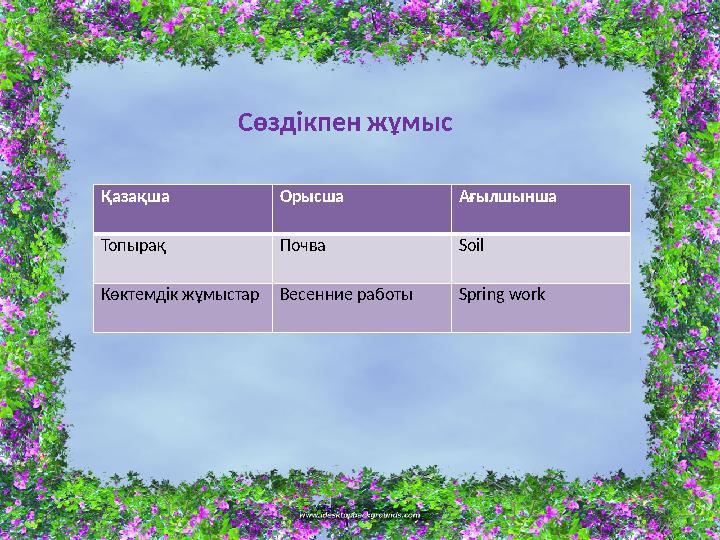 Сөздікпен жұмыс Қазақша Орысша Ағылшынша Топырақ Почва Soil Көктемдік жұмыстар Весенние работы Spring work