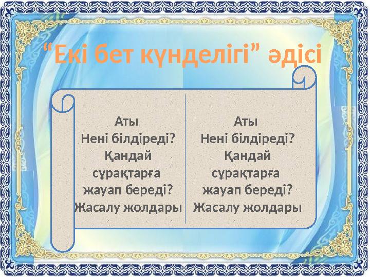 “ Екі бет күнделігі” әдісі Аты Нені білдіреді? Қандай сұрақтарға жауап береді? Жасалу жолдары Аты Нені білдіреді? Қандай сұ