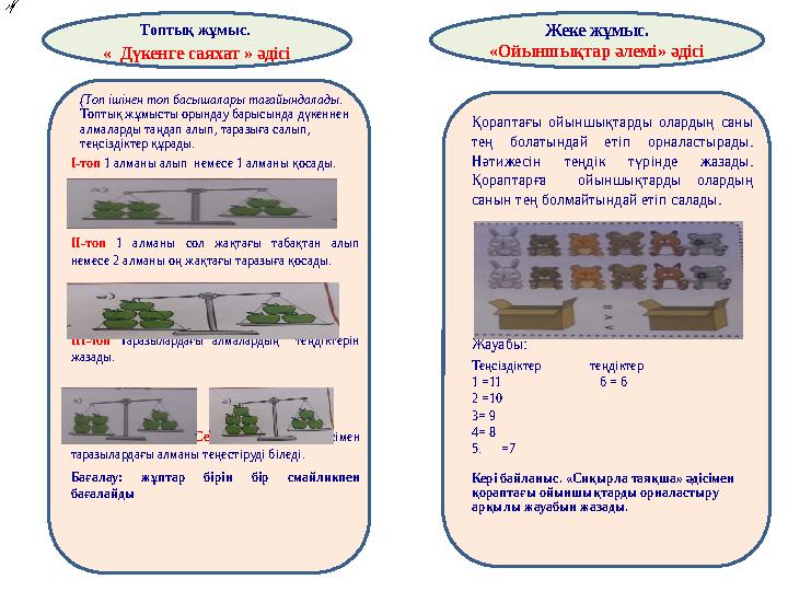 Топтық жұмыс. « Дүкенге саяхат » әдісі Жеке жұмыс. «Ойыншықтар әлемі» әдісі (Топ ішінен топ басышалары тағайындалады. Топтық