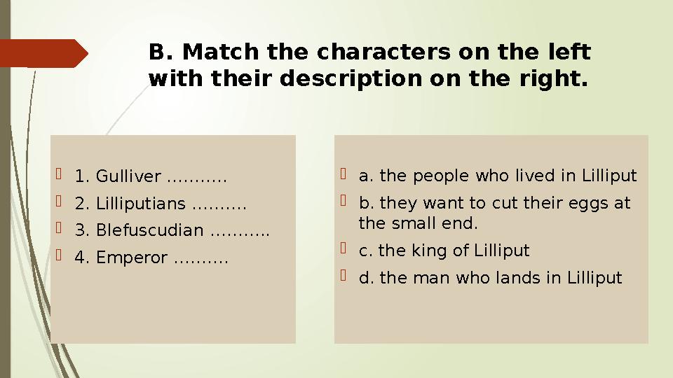 B. Match the characters on the left with their description on the right.  1. Gulliver ………..  2. Lilliputians ……….  3. Blefus
