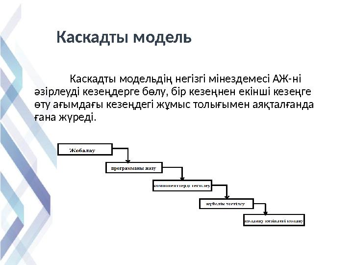 Каскадты модельдің негізгі мінездемесі АЖ-ні әзірлеуді кезеңдерге бөлу, бір кезеңнен екінші кезеңге өту ағымдағы кезеңдегі