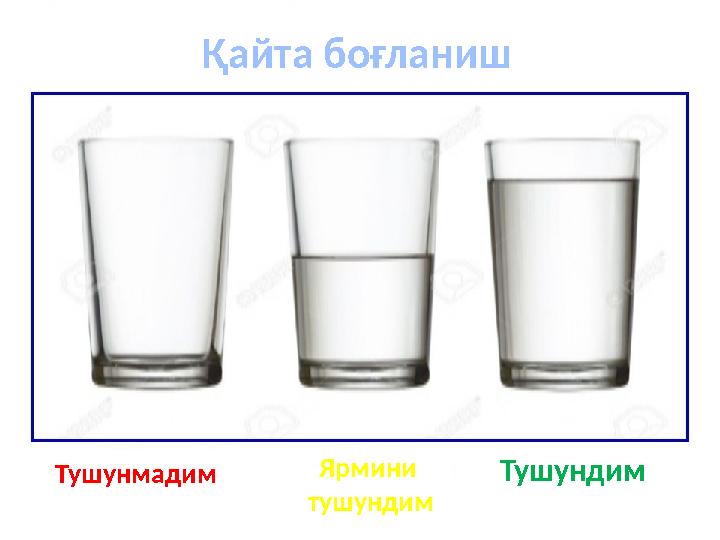 Тушунмадим Ярмини тушундим Тушундим Қайта боғланиш