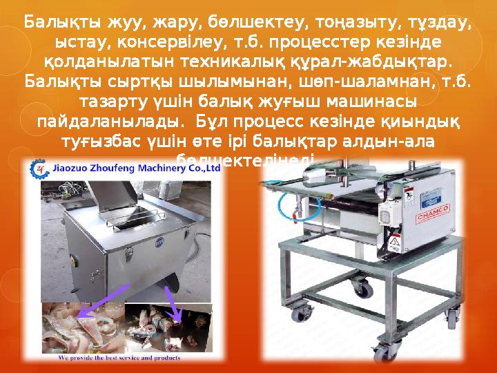 Балықты жуу, жару, бөлшектеу, тоңазыту, тұздау, ыстау, консервілеу, т.б. процесстер кезінде қолданылатын техникалық құрал-жабд