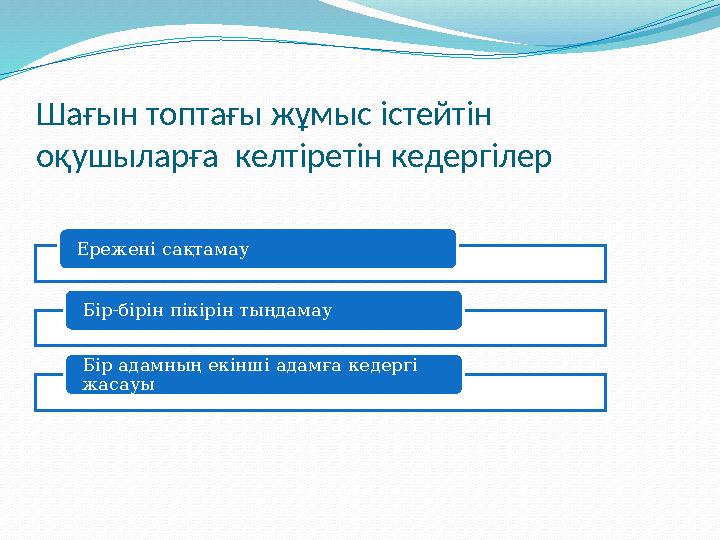 Шағын топтағы жұмыс істейтін оқушыларға келтіретін кедергілер Ережені сақтамау Бір-бірін пікірін тыңдамау Бір адамның екінші а