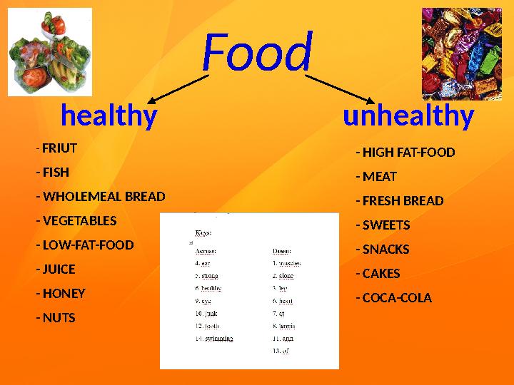 Food healthy unhealthy - FRIUT - FISH - WHOLEMEAL BREAD - VEGETABLES - LOW-FAT-FOOD - JUICE - HONEY - NUTS - HI