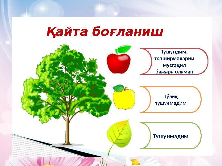 Тушундим, топширмаларни мустақил бажара оламан Тўлиқ тушунмадим ТушунмадимҚайта боғланиш