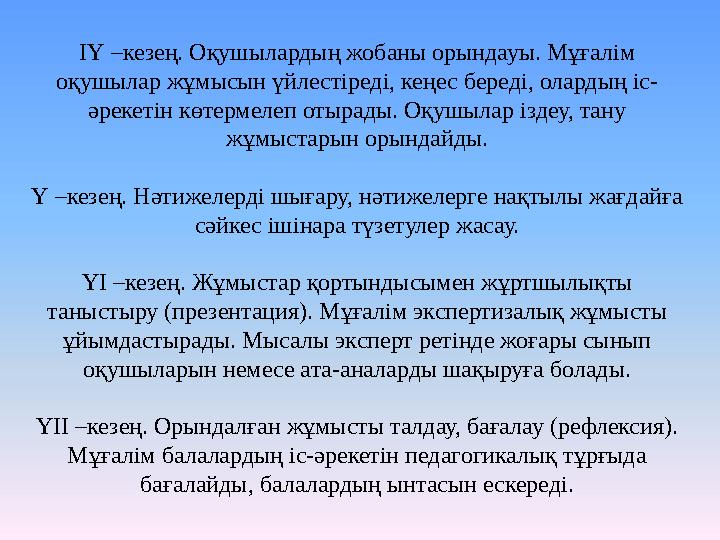 ІҮ –кезең. Оқушылардың жобаны орындауы. Мұғалім оқушылар жұмысын үйлестіреді, кеңес береді, олардың іс- әрекетін көтермелеп оты