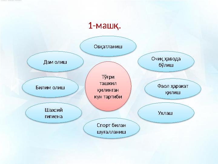 1 -машқ. Тўғри ташкил қилинган кун тартибиОвқатланиш Очиқ ҳавода бўлиш Фаол ҳаракат қилиш Ухлаш Спорт билан шуғалланишШа