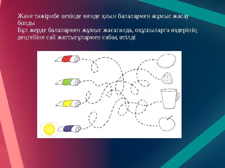 Және тәжірибе кезінде менде қиын балалармен жұмыс жасау болды Бұл жерде балалармен жұмыс жасаганда, оқұшыларга өздерінің деңге