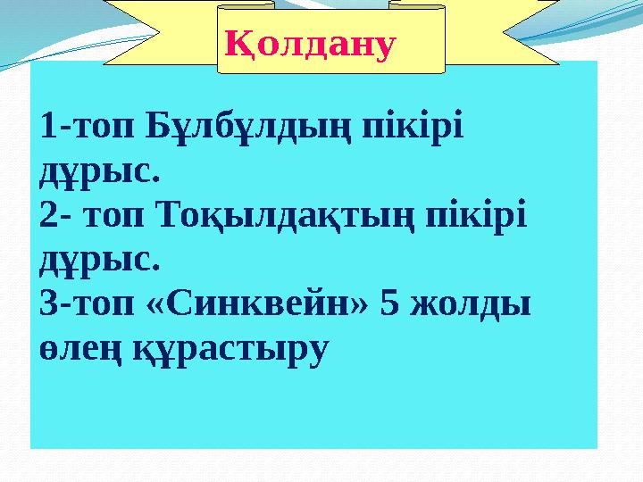 1-топ Бұлбұлдың пікірі дұрыс. 2 - топ Тоқылдақтың пікірі дұрыс. 3 - топ «Синквейн» 5 жолды өлең құрастыру Қолдану