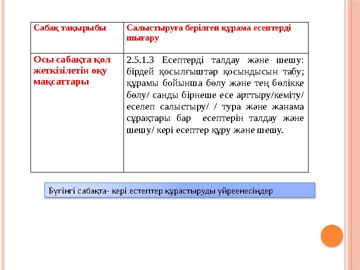 Сабақ тақырыбы Салыстыруға берілген құрама есептерді шығару Осы сабақта қол жеткізілетін оқу мақсаттары 2.5.1.3 Есептерді