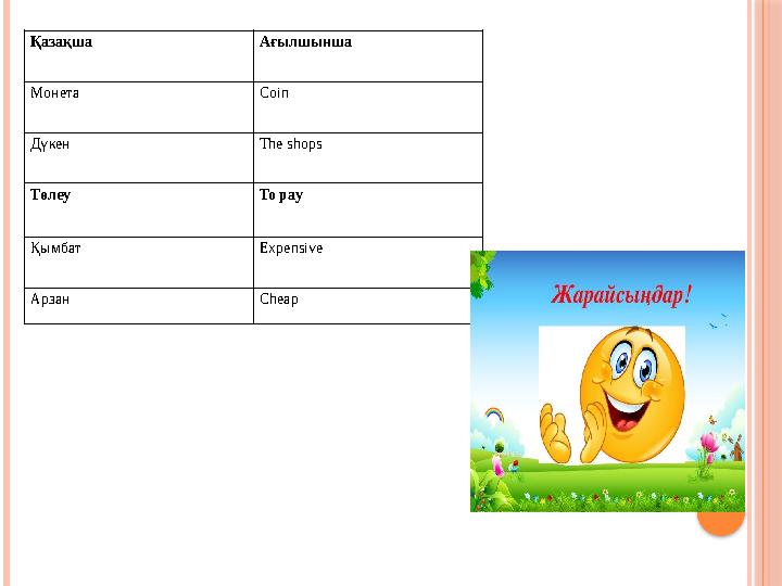 Қазақша Ағылшынша Монета Coin Дүкен The shops Төлеу To pay Қымбат Expensive Арзан Cheap