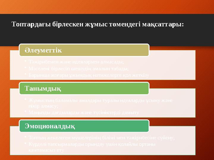 Топтардағы бірлескен жұмыс төмендегі мақсаттары: • Тәжірибемен және идеялармен алмасады; • Мәселені бірлесіп шешудің амалын таба