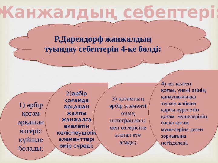 Жанжалдың себептері: Р.Дарендорф жанжалдың туындау себептерін 4-ке бөлді: 1 ) әрбір қоғам әрқашан өзгеріс күйінде болад