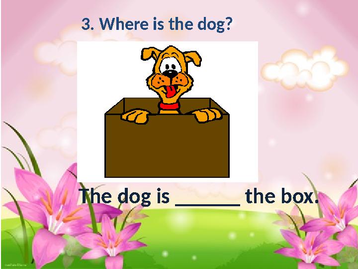 3. Where is the dog? The dog is ______ the box.