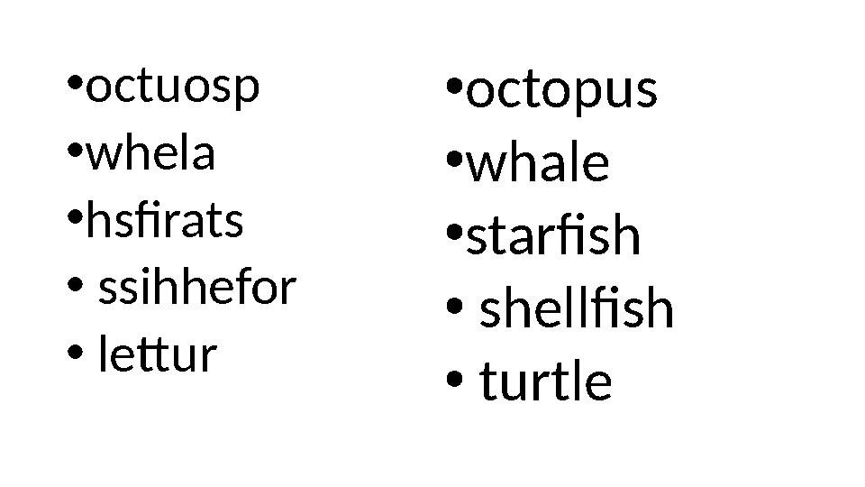 • octuosp • whela • hsfirats • ssihhefor • lettur • octopus • whale • starfish • shellfish • turtle