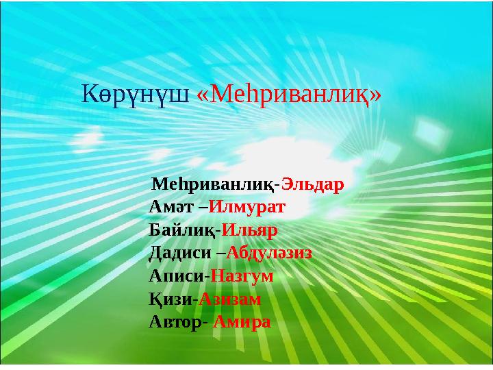 Көрүнүш «Меһриванлиқ» Меһриванлиқ- Эльдар Амәт – Илмурат Байлиқ- Ильяр Дадиси – Абдуләзиз Аписи- Назгум Қизи- Азизам Автор-