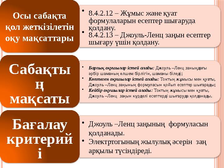 • 8.4.2.12 – Жұмыс және қуат формулаларын есептер шығаруда қолдану. • 8.4.2.13 – Джоуль-Ленц заңын есептер шығару үшін қолдан