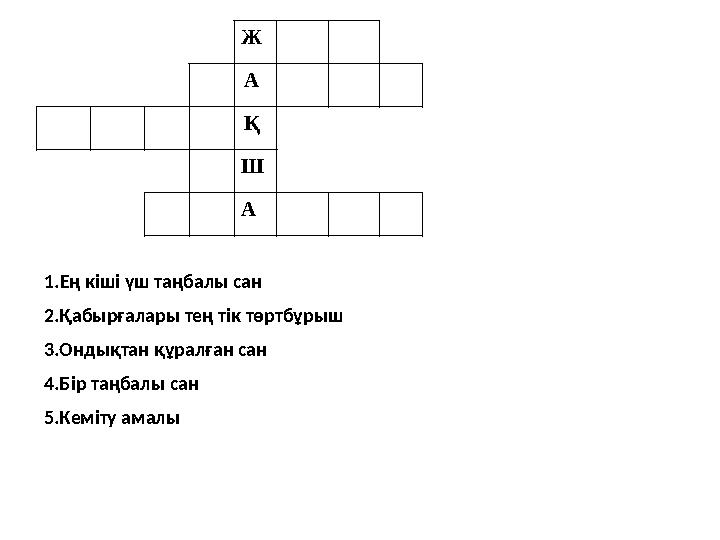 Ж А Қ Ш А 1 .Ең кіші үш таңбалы сан 2.Қабырғалары тең тік төртбұрыш 3.Ондықтан құралған сан 4.Бір таңбалы сан 5.К