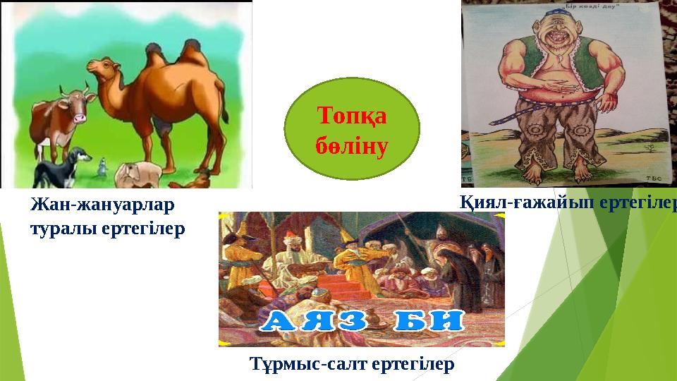 Жан-жануарлар туралы ертегілер Қиял-ғажайып ертегілер Тұрмыс-салт ертегілер Топқа бөліну