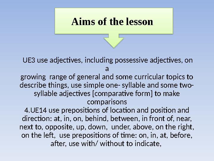 UE3 use adjectives, including possessive adjectives, on a growing range of general and some curricular topics to describe th