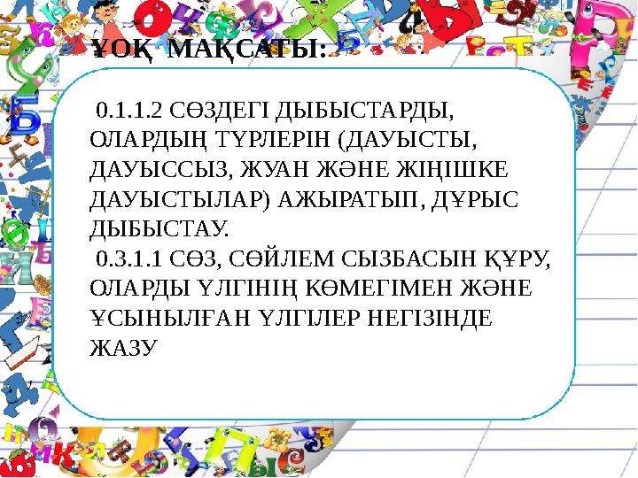  ҰОҚ МАҚСАТЫ: 0.1.1.2 СӨЗДЕГІ ДЫБЫСТАРДЫ, ОЛАРДЫҢ ТҮРЛЕРІН (ДАУЫСТЫ, ДАУЫССЫЗ, ЖУАН ЖƏНЕ ЖІҢІШКЕ ДАУЫСТЫЛАР) АЖЫРАТЫП, ДҰ