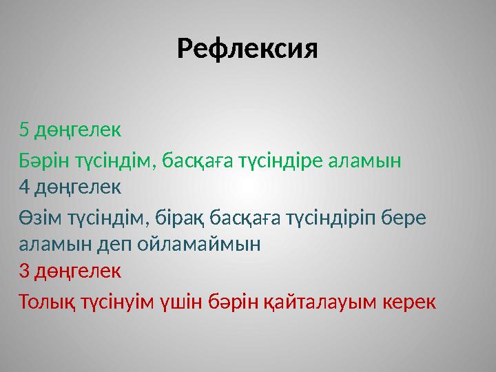 Рефлексия 5 дөңгелек Бәрін түсіндім, басқаға түсіндіре аламын 4 дөңгелек Өзім түсіндім, бірақ басқаға түсіндіріп бере аламын де