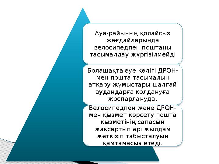 Ауа-райының қолайсыз жағдайларында велосипедпен поштаны тасымалдау жүргізілмейді Болашақта әуе көлігі ДРОН- мен пошта тасымал