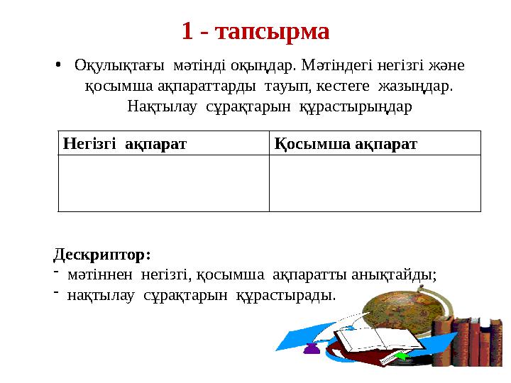 1 - тапсырма • Оқулықтағы мәтінді оқыңдар. Мәтіндегі негізгі және қосымша ақпараттарды тауып, кестеге жазыңдар. Нақтылау с