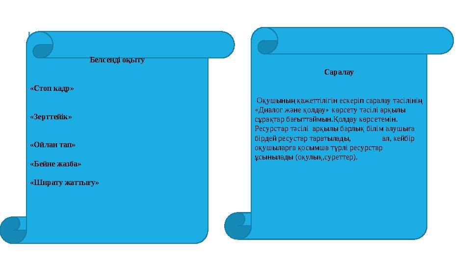 Белсенді оқыту «Стоп кадр» «Зерттейік» «Ойлан тап» «Бейне жазба» «Ширату жаттығу» Саралау Оқушының қажеттілігін ескеріп с