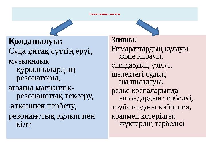 Резонанстың пайдасы және зияны Қолданылуы: Суда ұнтақ сүттің еруі , музыкалық құрылғылардың резонаторы, ағзаны магниттік- р