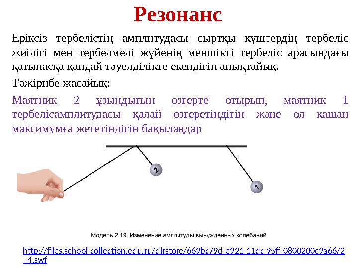 Резонанс Еріксіз тербелістің амплитудасы сыртқы күштердің тербеліс жиілігі мен тербелмелі жүйенің меншікті тербеліс