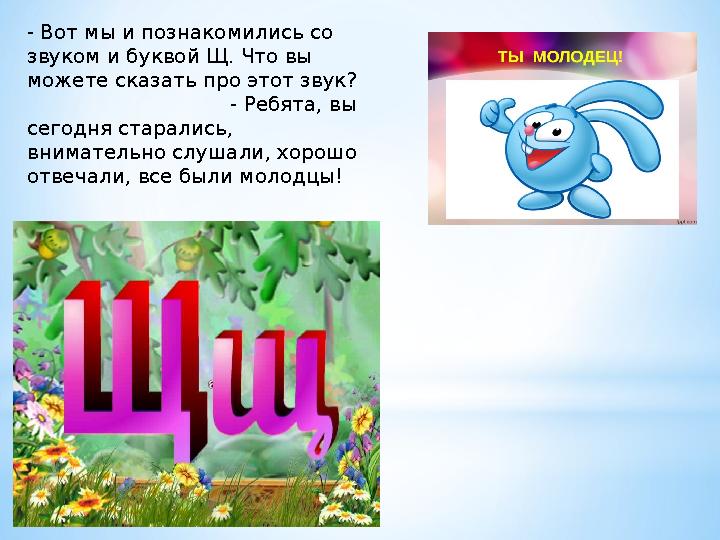 - Вот мы и познакомились со звуком и буквой Щ. Что вы можете сказать про этот звук? - Ребят