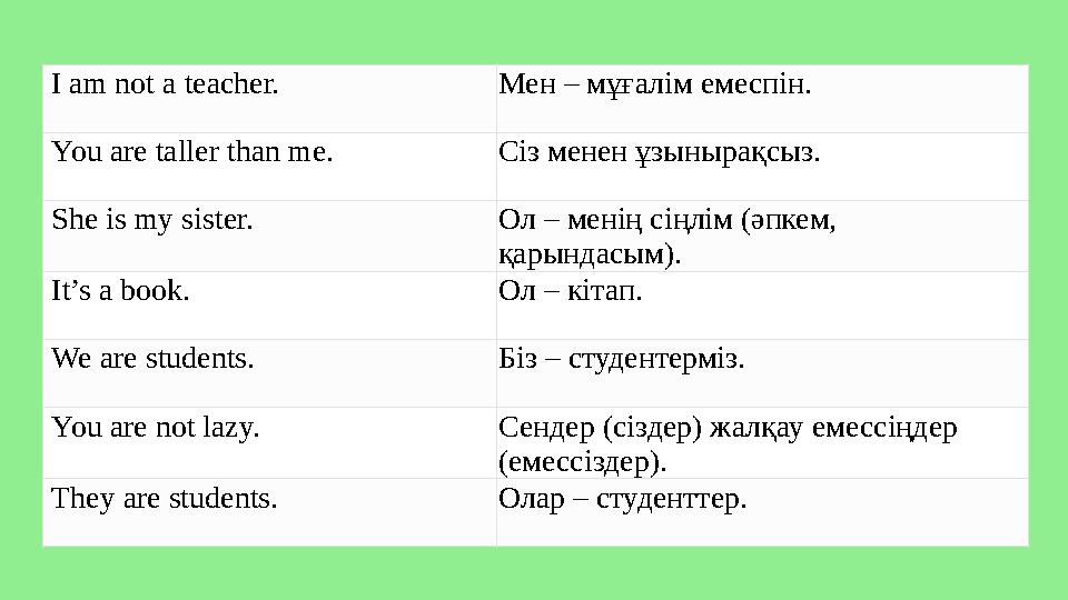 I am not a teacher. Мен – мұғалім емеспін. You are taller than me. Сіз менен ұзынырақсыз. She is my sister. Ол – менің сіңлім (ә