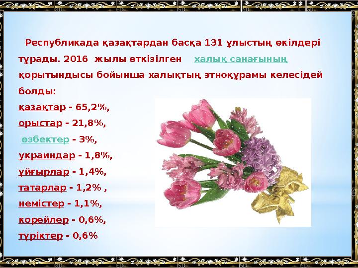 Республикада қазақтардан басқа 131 ұлыстың өкілдері тұрады. 2016 жылы өткізілген халық санағының қорытындысы бойынш