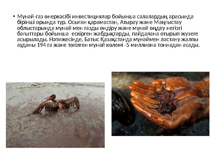 • Мұнай-газ өнеркәсібі инвестициялар бойынша салалардың арасында бірінші орында тұр. Осыған қарамастан, Атырау және
