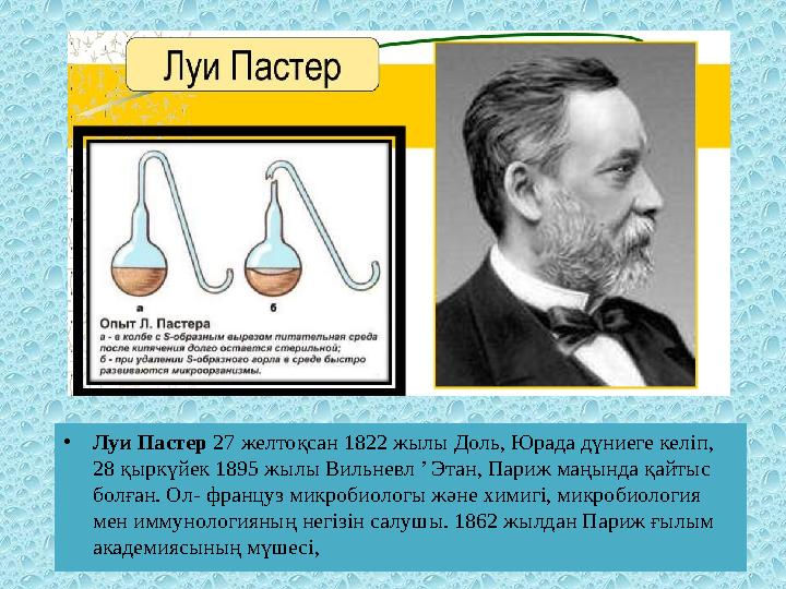 • Луи Пастер 27 желтоқсан 1822 жылы Доль, Юрада дүниеге келіп, 28 қыркүйек 1895 жылы Вильневл ’ Этан, Париж маңында қайтыс