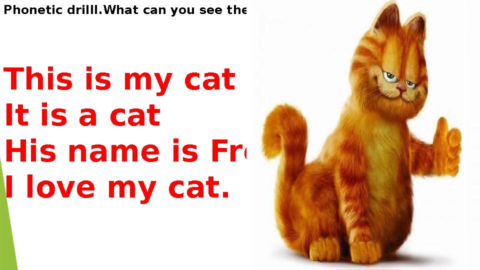 Phonetic drillI.What can you see there? This is my cat It is a cat His name is Fred I love my cat.