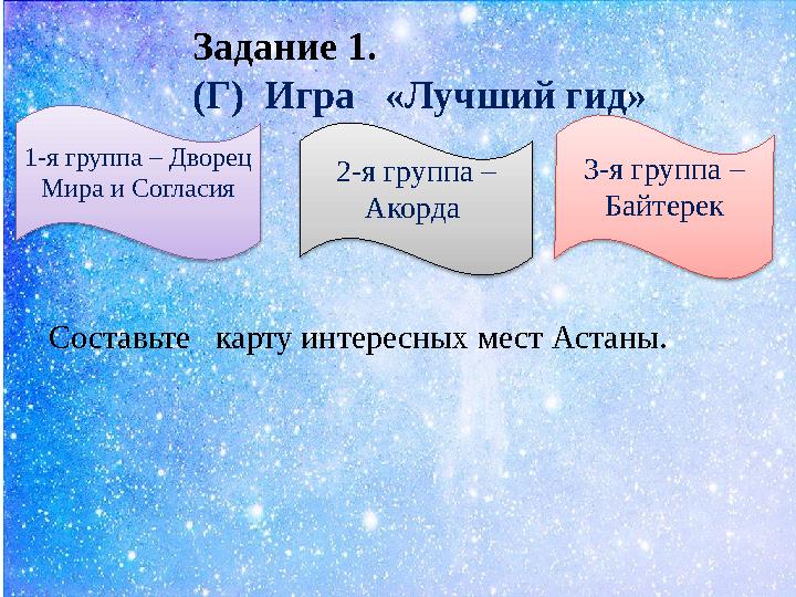 Задание 1. (Г) Игра «Лучший гид» 2-я группа – Акорда 3-я группа – Байтерек1-я группа – Дворец Мира и Согласия Составьте