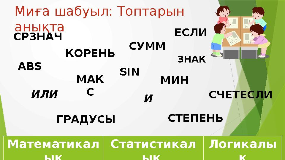 Миға шабуыл: Топтарын анықта СРЗНАЧ ГРАДУСЫИЛИ СУММ ИМАК С СЧЕТЕСЛИЕСЛИ Математикал ық Статистикал ық Логикалы қМИНКОРЕНЬ СТЕП