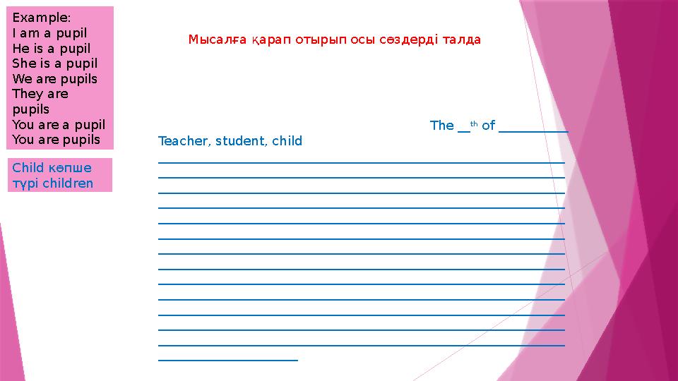 Example: I am a pupil He is a pupil She is a pupil We are pupils They are pupils You are a pupil You are pupils The __ t